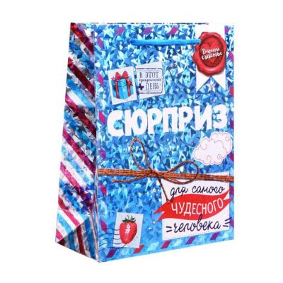 Пакет подарочный голография вертикальный "Приятный сюрприз", 23 x 27 х 8 см