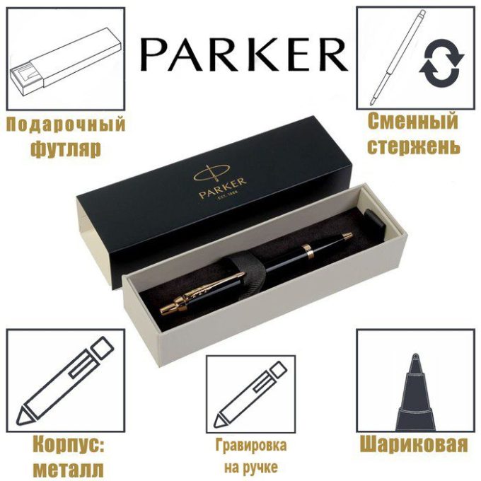 Ручка шариковая Parker IM Core Black GT M, корпус из латуни чёрный матовый/ золотой, синие чернила с гравировкой — изображение 2