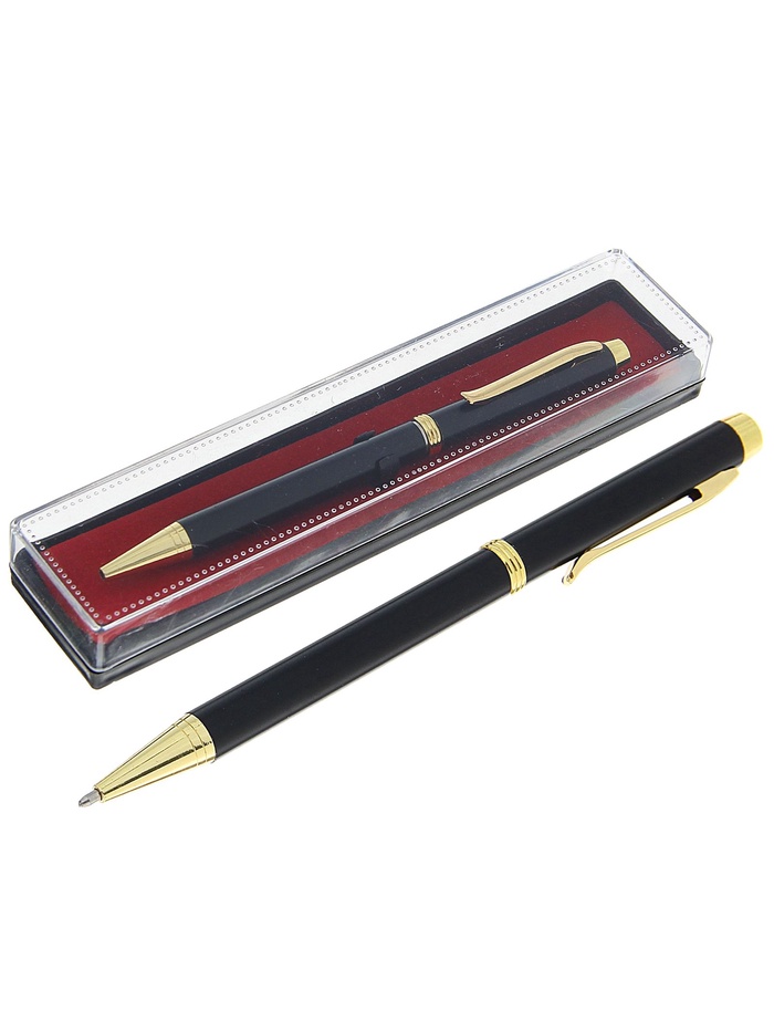 Ручка шариковая, подарочная, в пластиковом футляре, поворотная, «Эксперт», чёрная матовая с золотистыми вставками_1 Ручка шариковая, подарочная, в пластиковом футляре, поворотная, «Эксперт», чёрная матовая с золотистыми вставками, с индивидуальной гравировкой — изображение 2