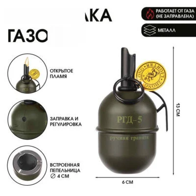 Зажигалка газовая с пепельницей «Граната», регулировка пламени_0 Зажигалка газовая с пепельницей «Граната», регулировка пламени, с индивидуальной гравировкой